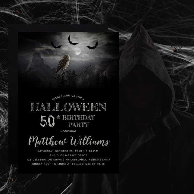 Eerie Owl Bats Night Halloween 50th Birthday Party Invitation (Beware the erie creepy, spooky night -- owl and bats Halloween-themed 50th Birthday Party design.  )