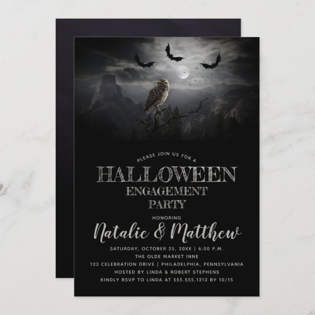 Eerie Owl | Bats Night Halloween Engagement Party  Invitation (Front/Back)
