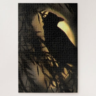 Eerie Raven Silhouette Against A Glowing Moon Jigsaw Puzzle