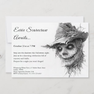 Eerie Scarecrow Halloween Invitation Black & White