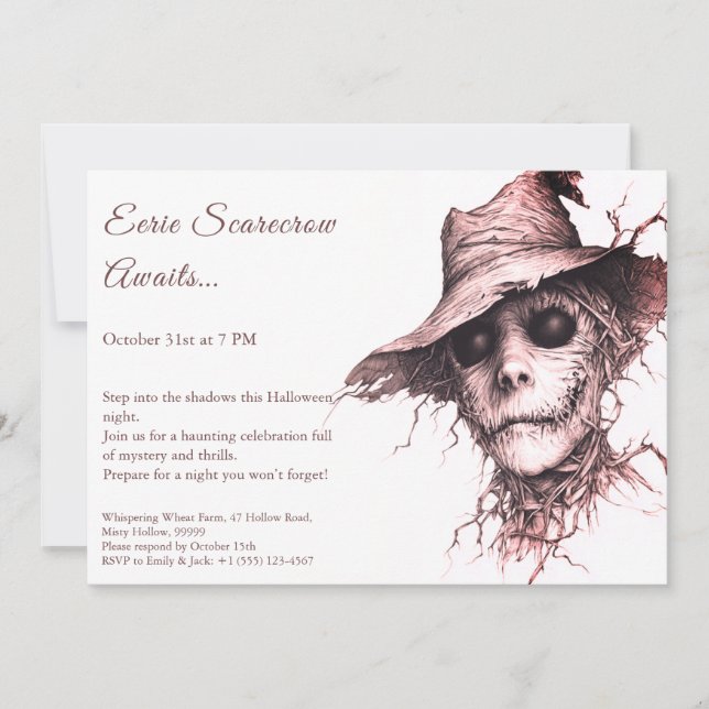 Eerie Scarecrow Halloween Invitation Black & White (Front)