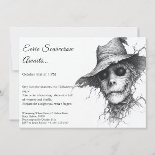 Eerie Scarecrow Halloween Invitation Black & White