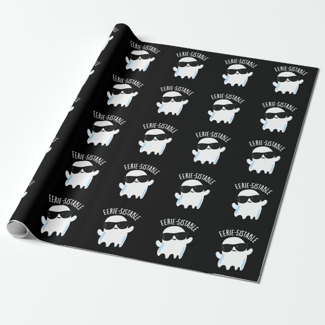 Eerie-sistable Funny Ghost Pun Dark BG Wrapping Paper (Unrolled)
