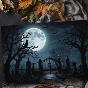 Eerie Spooky Graveyard with Full Moon & Black Cat Tissue Paper