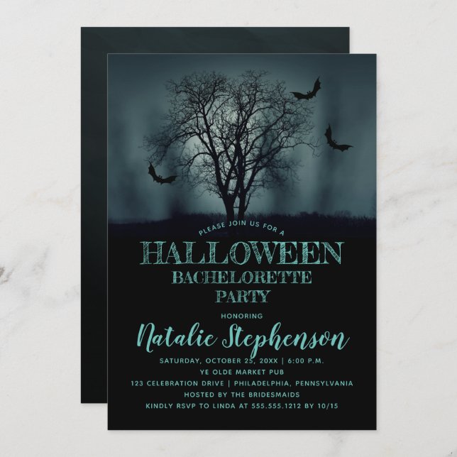 Eerie Tree Bats Night Halloween Bachelorette Party Invitation (Front/Back)