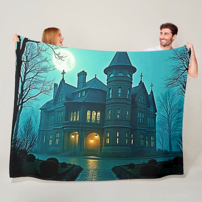 Eerie Victorian Mansion Moonlight Fleece Blanket (In Situ)