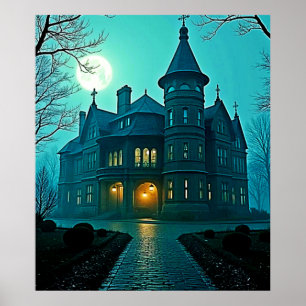 Eerie Victorian Mansion Moonlight Poster