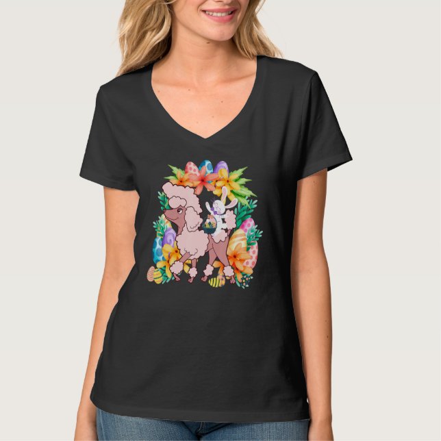 Egg Basket Rabbit Riding Poodle Dog Happy Easter D T-Shirt (Front)