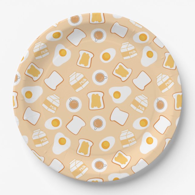 Egg, Bread, Milk, Coffee Breakfast Pattern Paper Plate (Front)