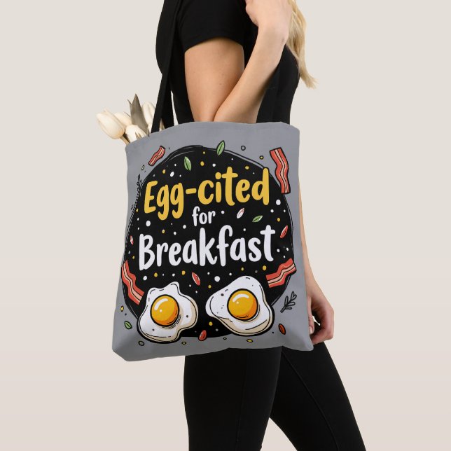 Egg-cited for Breakfast Funny Foodie Pun Design Tote Bag (Close Up)