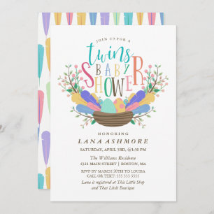 Egg & Colourful Feathers Twins Baby Shower Invitation