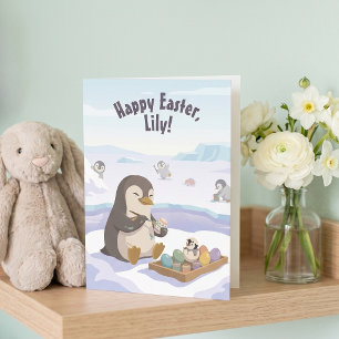Egg Decorating Penguins Personalised Easter Holiday Card