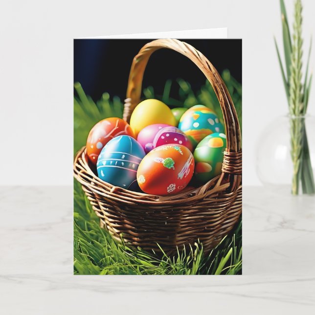 Egg Filled Easter Basket on Lawn Holiday Card (Front)