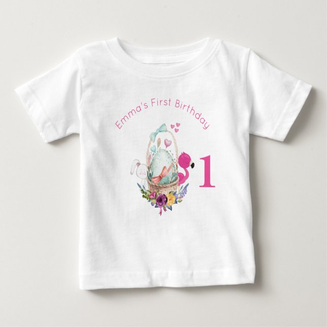 Egg, Flamingo and Bunny First Birthday Baby T-Shirt (Front)