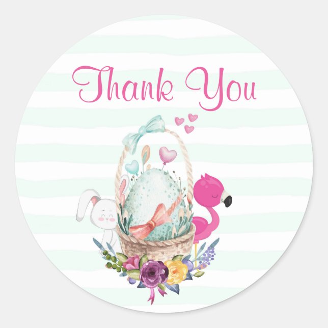 Egg in a Basket with Flamingo and Bunny Thank You Classic Round Sticker (Front)