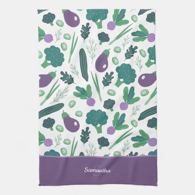 Eggplant and Broccoli Pattern with Name Purple Tea Towel (Vertical)