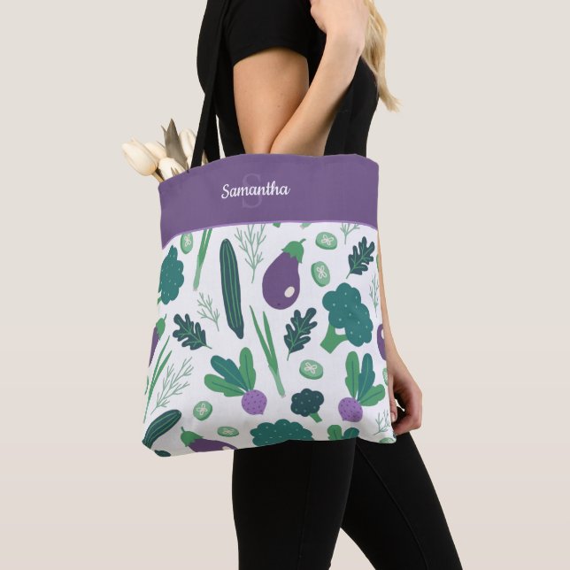 Eggplant and Broccoli Pattern with Name Purple Tote Bag (Close Up)