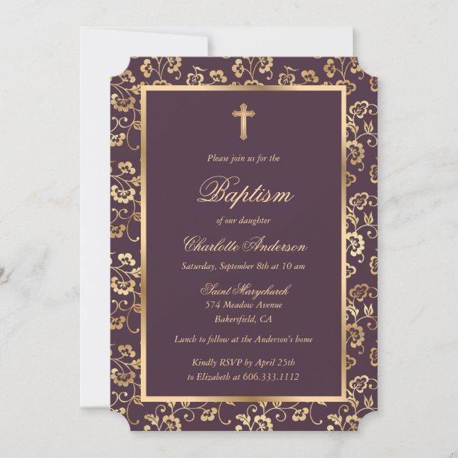 Eggplant and Gold Cross Script Floral Baptism Invitation (Front)