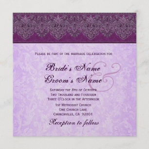 Eggplant and Lilac Purple Damask Ribbon Wedding Invitation