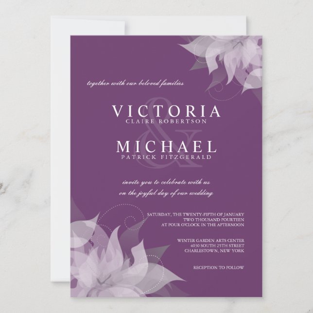 Eggplant and White Floral Wedding Invitations (Front)