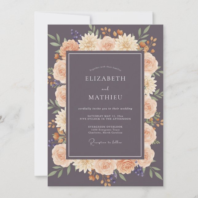 Eggplant Apricot Peony Wedding Invitation (Front)