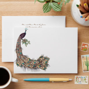 "Eggplant Aqua and Gold Peacock Vintage 3 Feathers Envelope