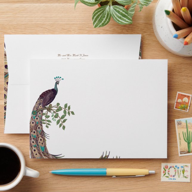 Eggplant Aqua and Gold Peacock Vintage Feathers Envelopes (Desk)