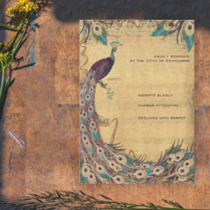 Eggplant Aqua Peacock Vintage 3 Feathers RSVP Card