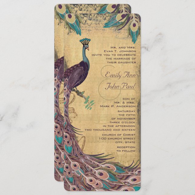 Eggplant Aqua Vintage Peacock Wedding Invitation (Front/Back)