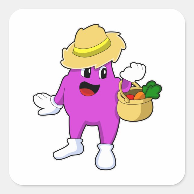 Eggplant as Farmer with Carrot Square Sticker (Front)