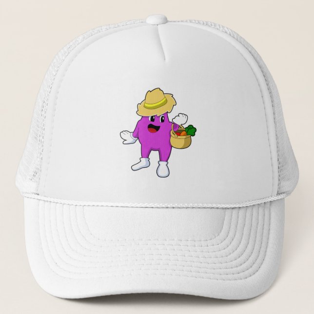 Eggplant as Farmer with Carrot Trucker Hat (Front)