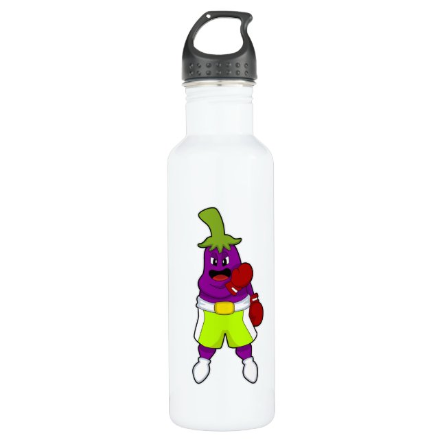 Eggplant at Boxing with Boxing gloves 710 Ml Water Bottle (Front)