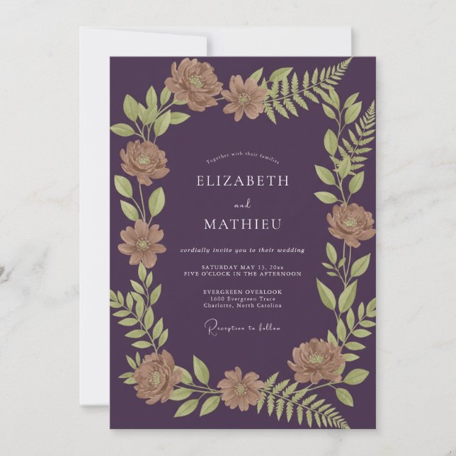 Eggplant Beige Leafy Wedding Invitation (Front)