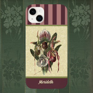 Eggplant Boho Green Lady Slipper Orchid with Name iPhone 14 Plus Case