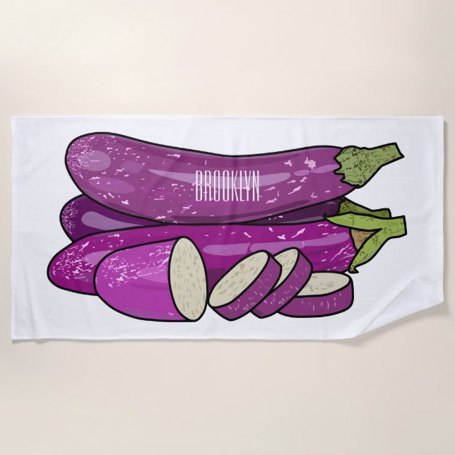 Eggplant cartoon illustration beach towel (Front)