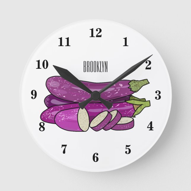Eggplant cartoon illustration round clock (Front)