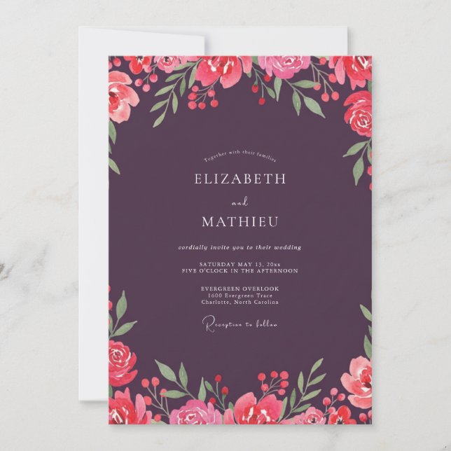 Eggplant Coral Ranunculus Eucalyptus Wedding Invitation (Front)