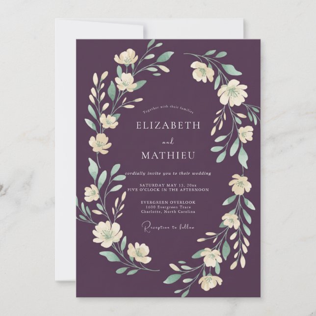 Eggplant Cream Wreath Wedding Invitation (Front)