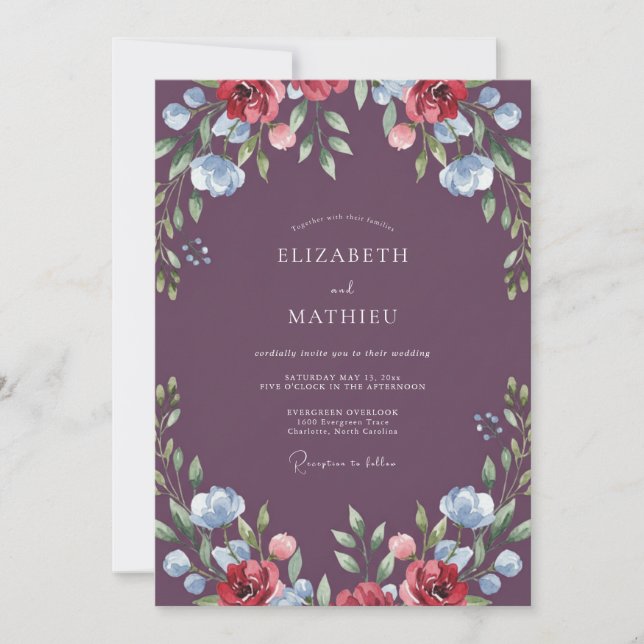 Eggplant Crimson Wildflower Wedding Invitation (Front)