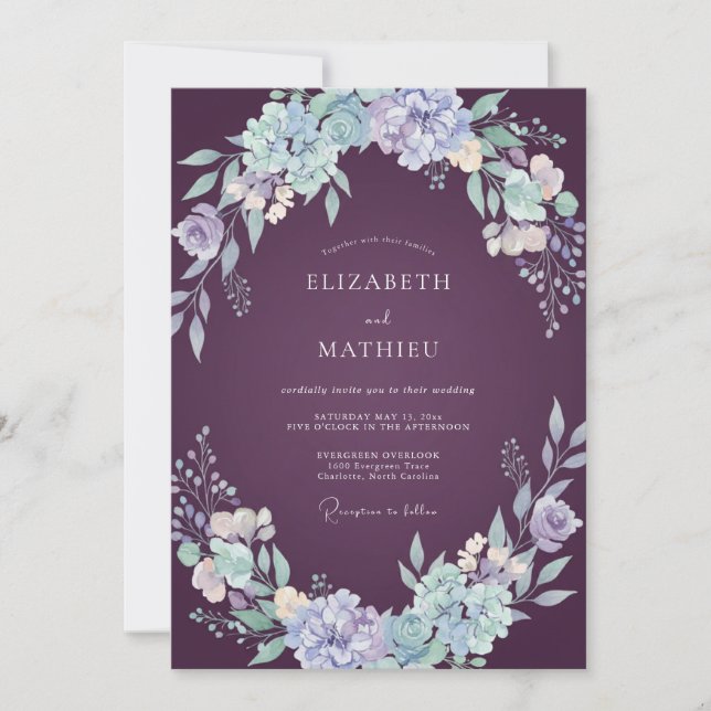 Eggplant Flourishing Floral Wedding Invitation (Front)
