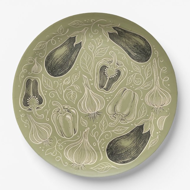 Eggplant Garlic Bell Pepper Olive Green Paper Plate (Front)