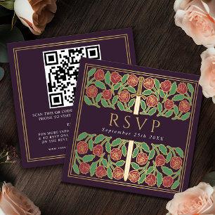 Eggplant Gold Floral Royal Wedding RSVP QR Code Enclosure Card