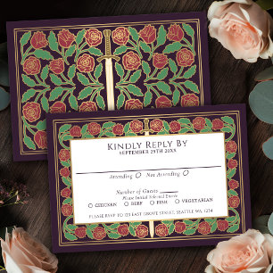 Eggplant Gold Floral Sword Royal Wedding RSVP Card