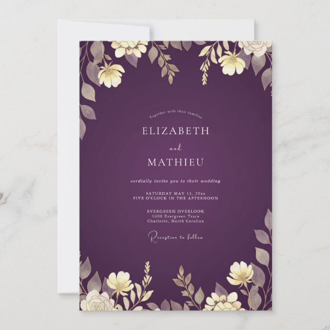Eggplant Gold Foliage Eucalyptus Wedding Invitation (Front)