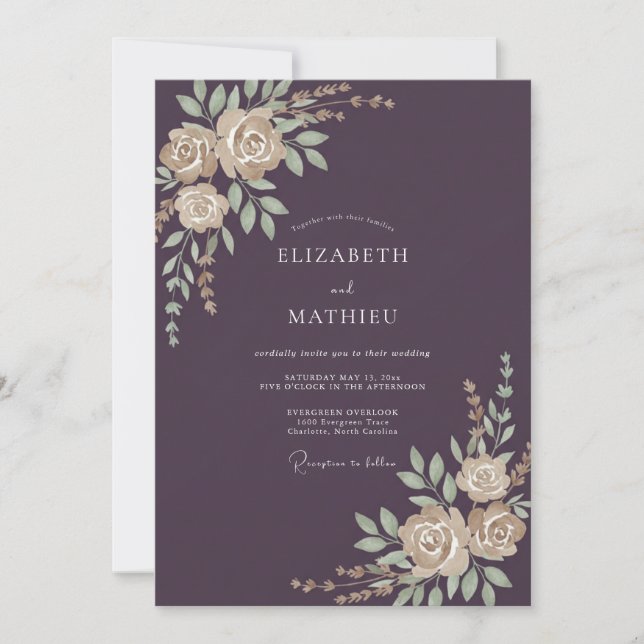 Eggplant Gold Leafy Wedding Invitation (Front)