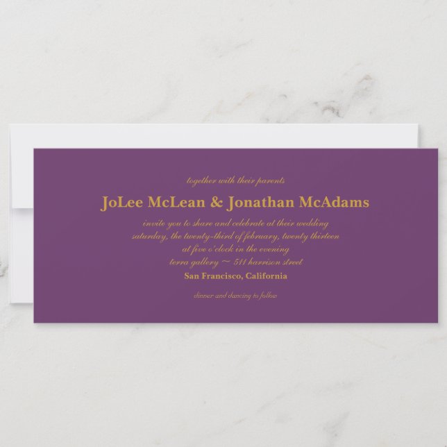 Eggplant & Gold Wedding Invite Card 9x4 (Front)