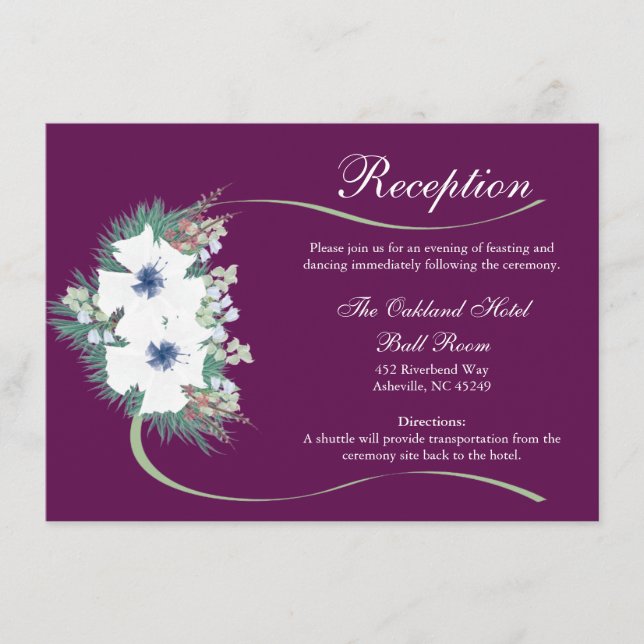 Eggplant & Green Floral & Ribbon Reception Card (Front)