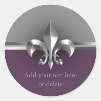 Eggplant Grey Metal Style Silver Fleur de Lis Classic Round Sticker
