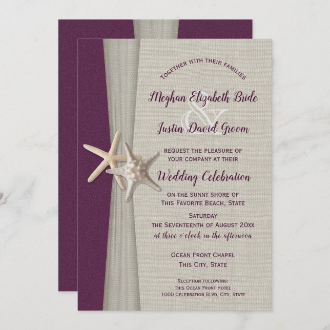Eggplant Grey Starfish Beach Wedding Invitation (Front/Back)