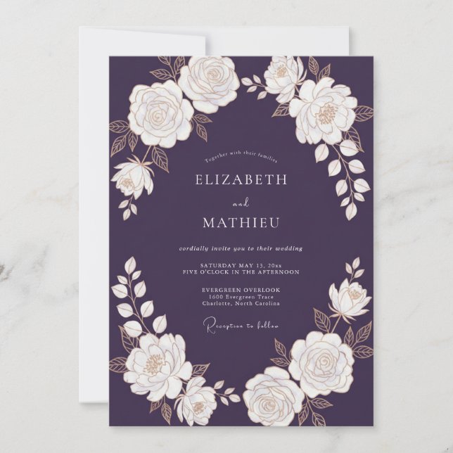 Eggplant Ivory Garland Wedding Invitation (Front)